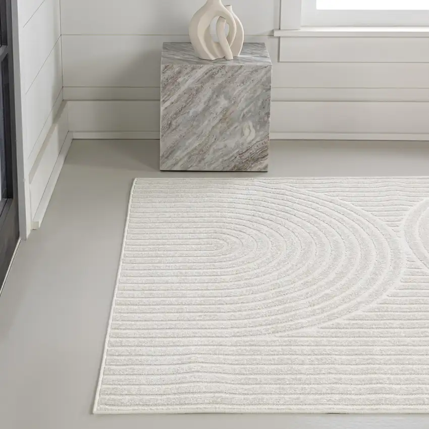 Ivory And Cream Striped Indoor Outdoor Area Rug Photo 4