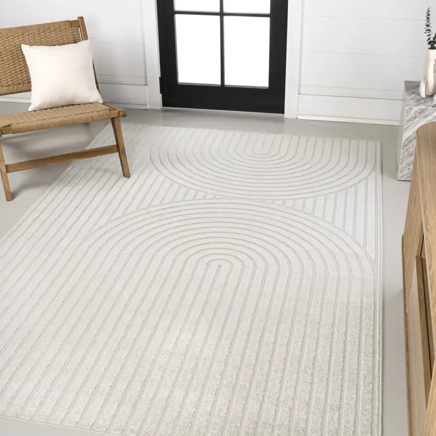 Ivory And Cream Striped Indoor Outdoor Area Rug Photo 3