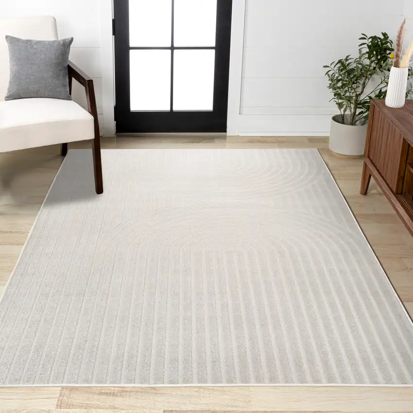 Ivory And Cream Striped Indoor Outdoor Area Rug Photo 5