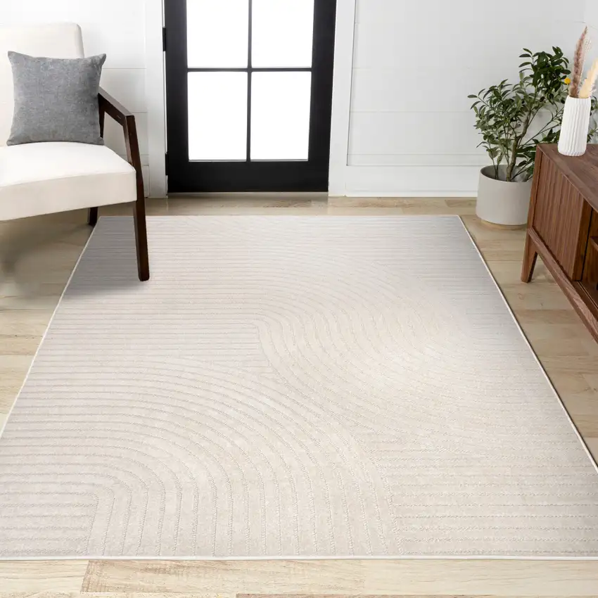 Ivory And Cream Striped Indoor Outdoor Area Rug Photo 6