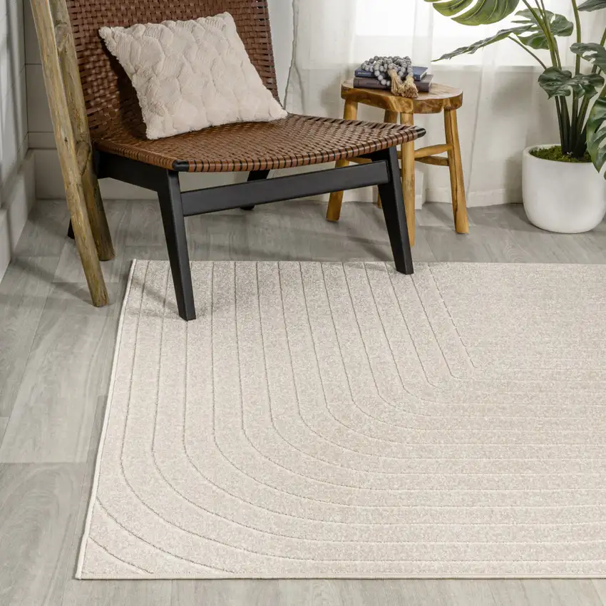 Ivory And Cream Striped Indoor Outdoor Area Rug Photo 6
