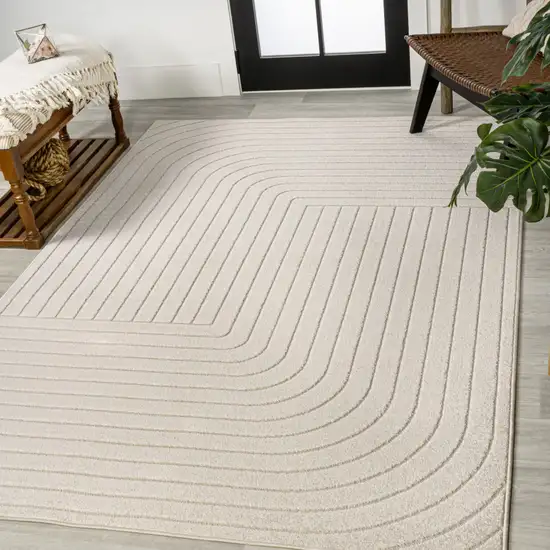 Ivory And Cream Striped Indoor Outdoor Area Rug Photo 5
