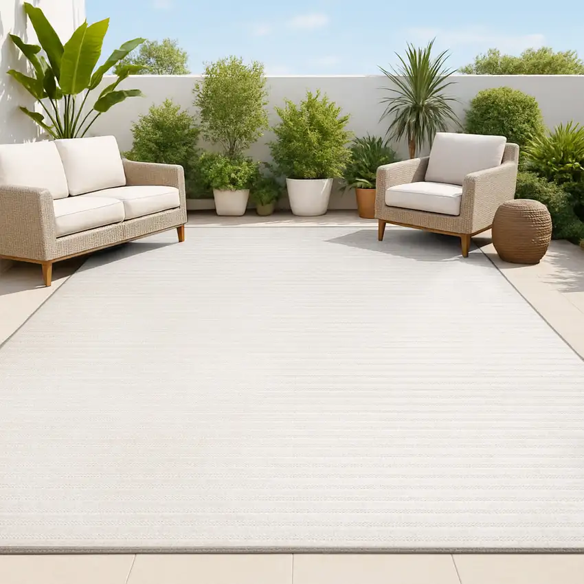 Ivory And Cream Striped Indoor Outdoor Area Rug Photo 4
