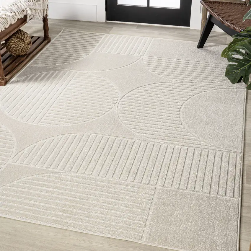 Ivory And Cream Striped Indoor Outdoor Area Rug Photo 5