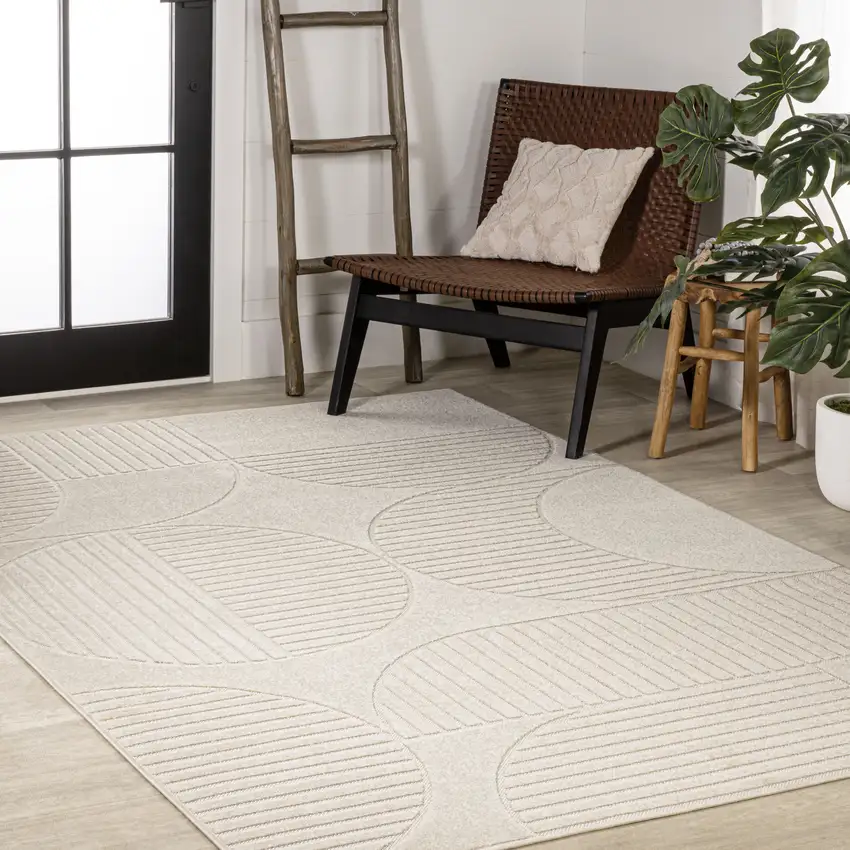 Ivory And Cream Striped Indoor Outdoor Area Rug Photo 9