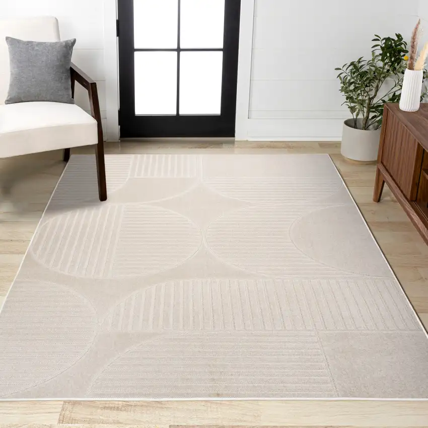 Ivory And Cream Striped Indoor Outdoor Area Rug Photo 8