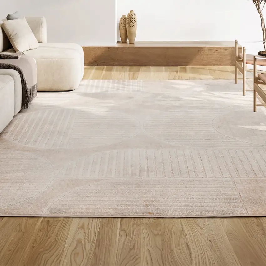 Ivory And Cream Striped Indoor Outdoor Area Rug Photo 5