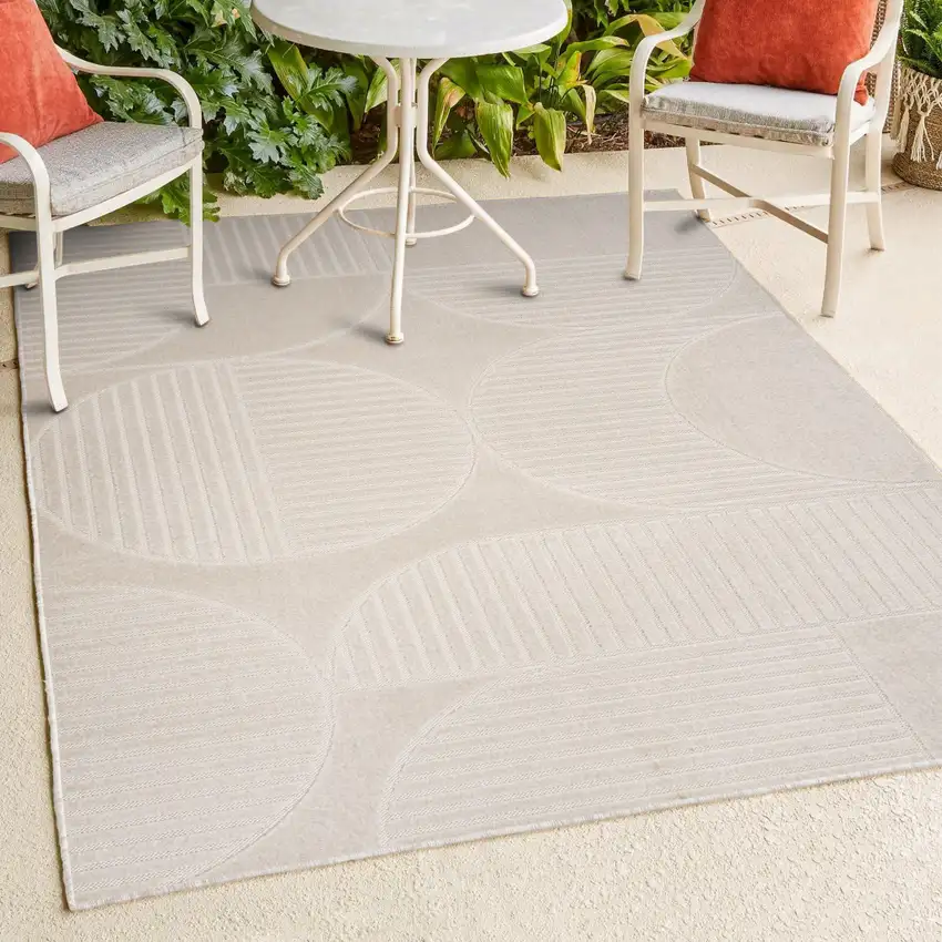 Ivory And Cream Striped Indoor Outdoor Area Rug Photo 9