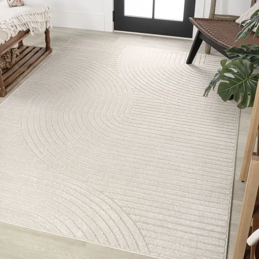 Ivory And Cream Striped Indoor Outdoor Area Rug Photo 4