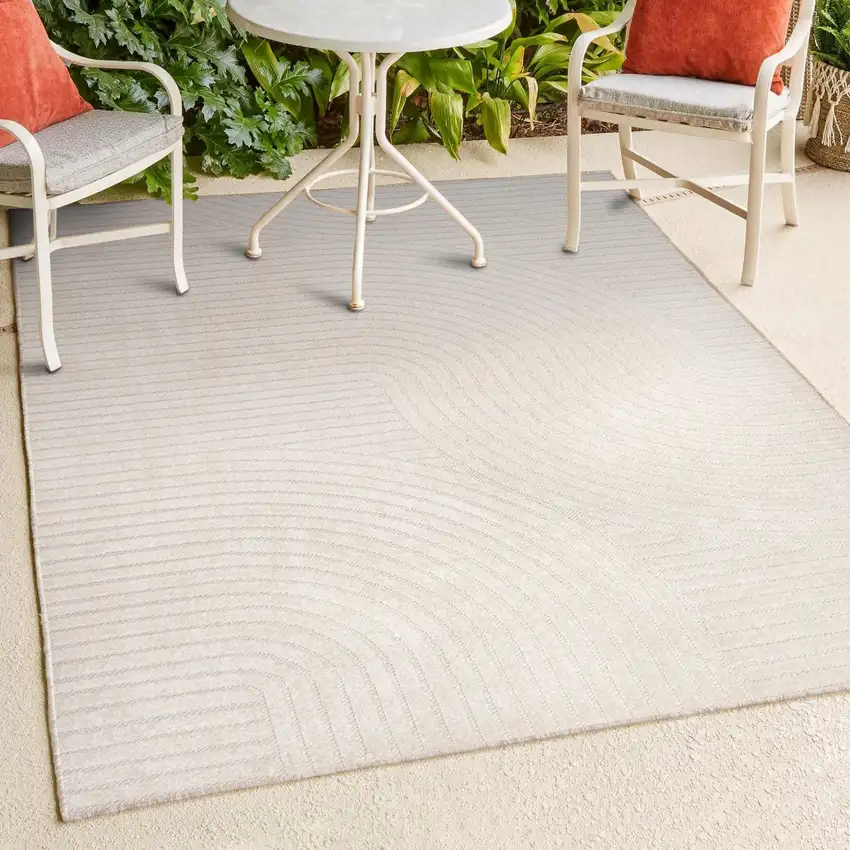 Ivory And Cream Striped Indoor Outdoor Area Rug Photo 8