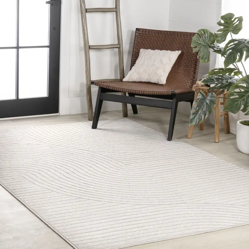 Ivory And Cream Striped Indoor Outdoor Area Rug Photo 7