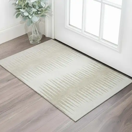 Ivory And Cream Striped Washable Area Rug With UV Protection Photo 1