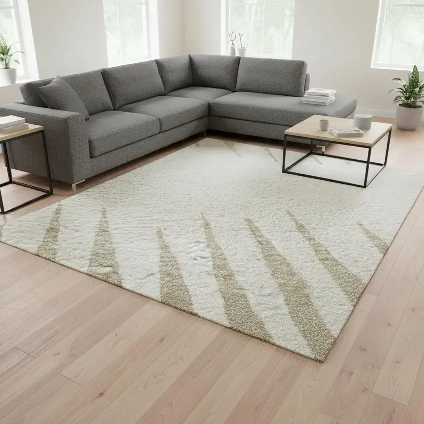 Ivory And Cream Striped Washable Area Rug With UV Protection Photo 2