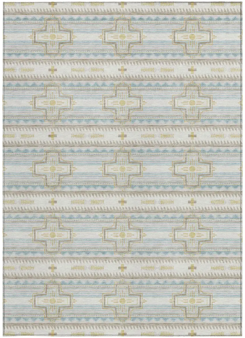 Ivory And Cream Tribal Washable Indoor Outdoor Area Rug Photo 3