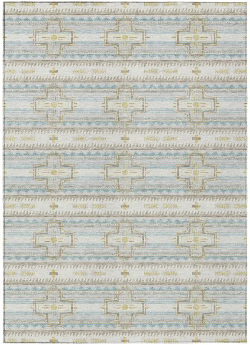Ivory And Cream Tribal Washable Indoor Outdoor Area Rug Photo 2