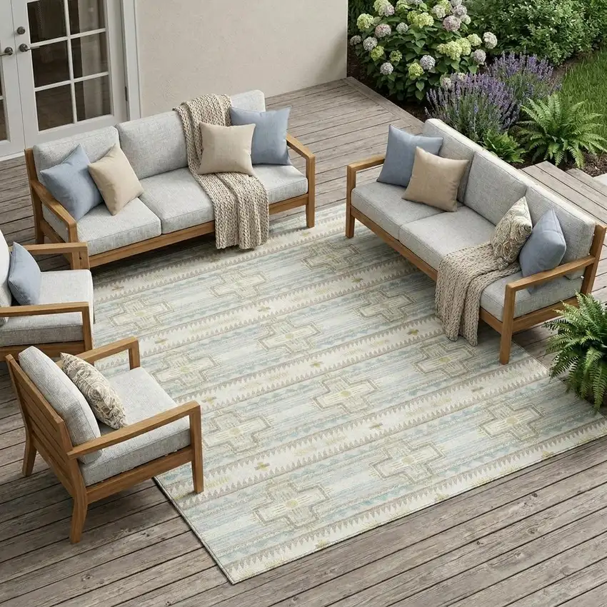 Ivory And Cream Tribal Washable Indoor Outdoor Area Rug Photo 1