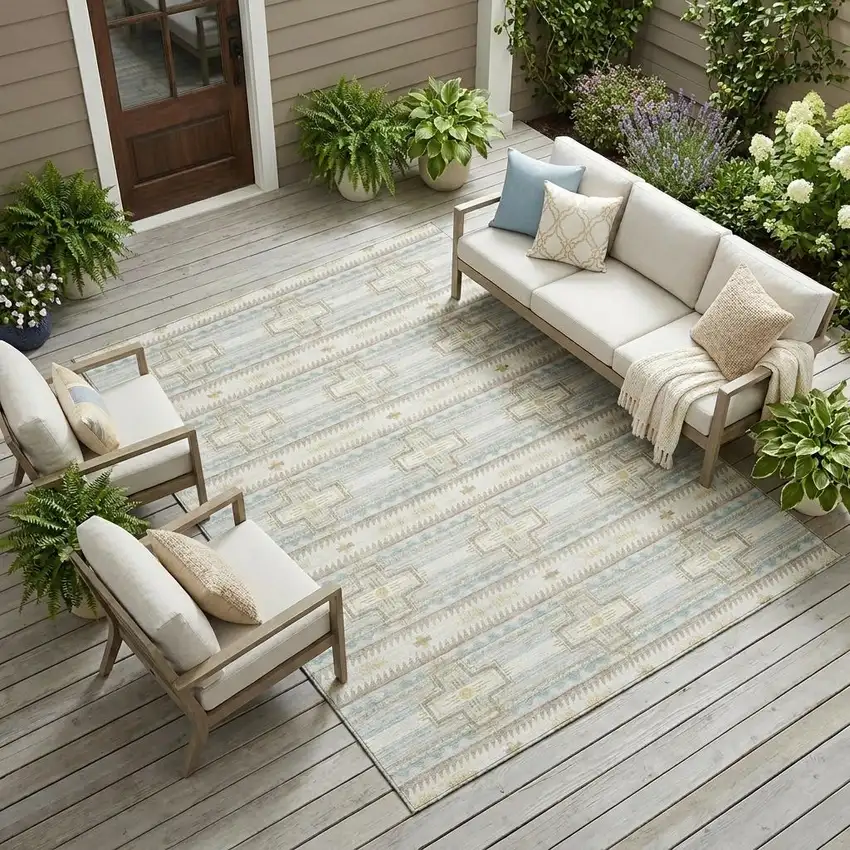 Ivory And Cream Tribal Washable Indoor Outdoor Area Rug Photo 1