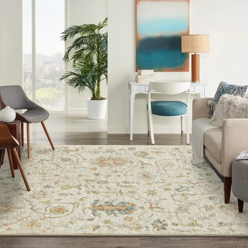 Ivory And Cream Wool Abstract Hand Tufted Square Rug Photo 6