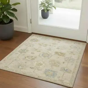 Photo of Ivory And Cream Wool Medallion Hand Tufted Square Rug