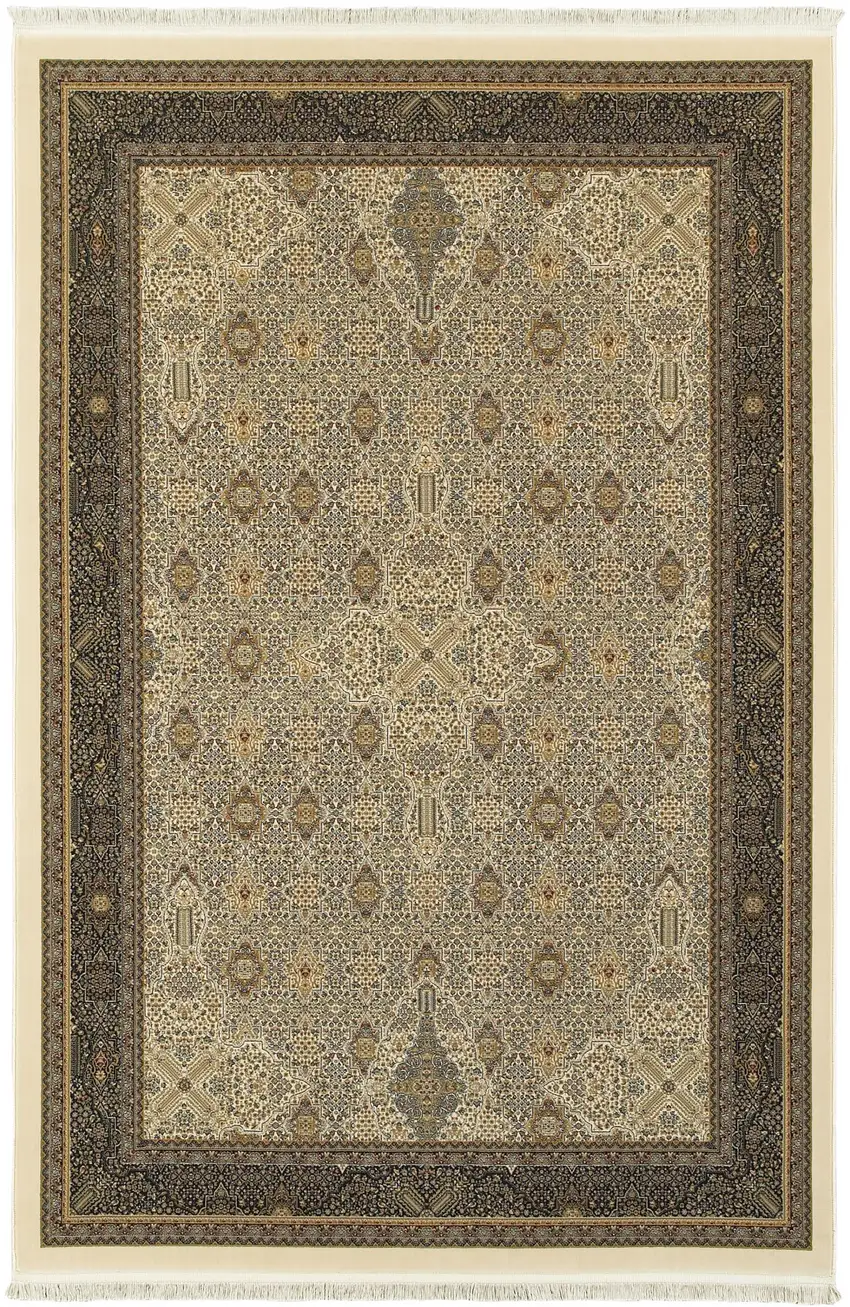 Ivory And Dark Blue Medallion Area Rug With Fringe Photo 2