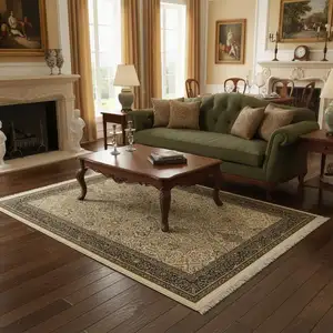 Photo of Ivory And Dark Blue Medallion Area Rug With Fringe