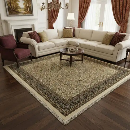 Ivory And Dark Blue Medallion Area Rug With Fringe Photo 1