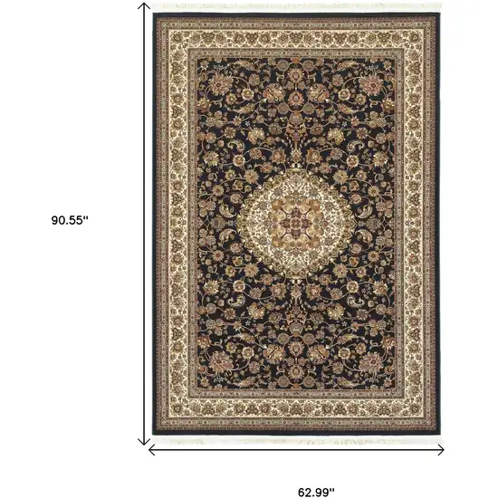 Ivory And Dark Blue Medallion Area Rug With Fringe Photo 7