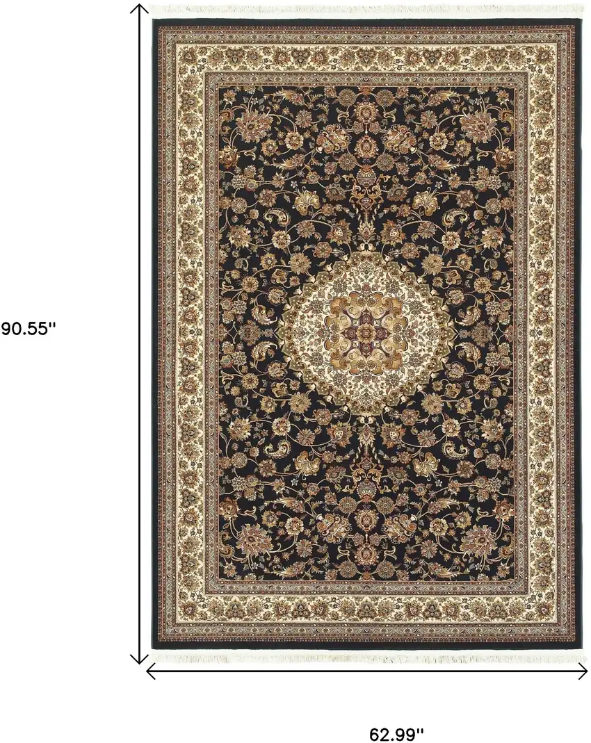 Ivory And Dark Blue Medallion Area Rug With Fringe Photo 7