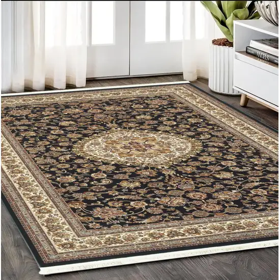 Ivory And Dark Blue Medallion Area Rug With Fringe Photo 1