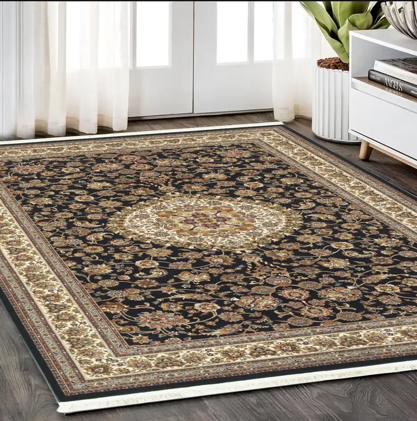 Ivory And Dark Blue Medallion Area Rug With Fringe Photo 1