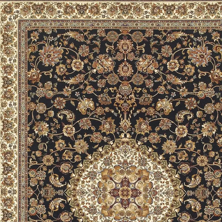 Ivory And Dark Blue Medallion Area Rug With Fringe Photo 3