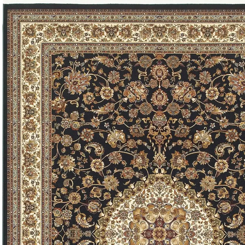 Ivory And Dark Blue Medallion Area Rug With Fringe Photo 3