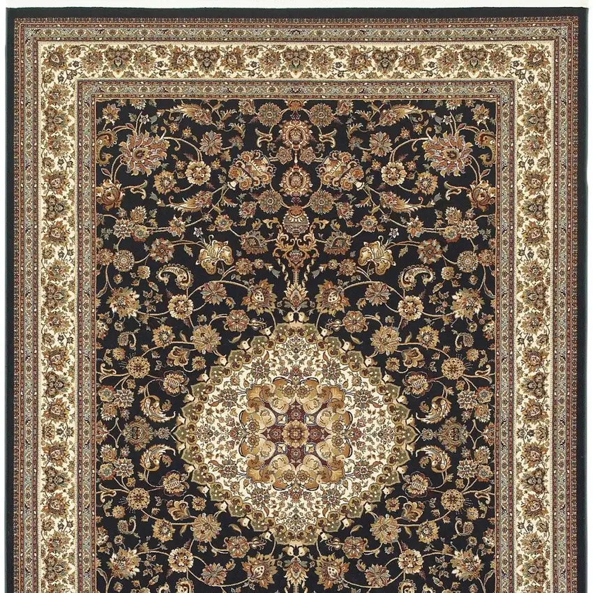 Ivory And Dark Blue Medallion Area Rug With Fringe Photo 4