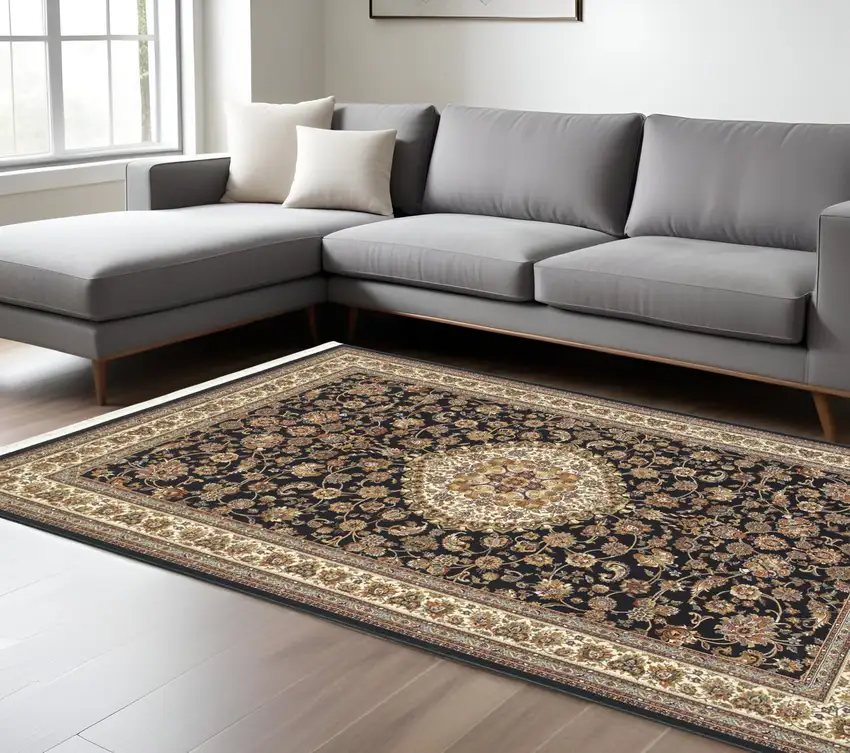 Ivory And Dark Blue Medallion Area Rug With Fringe Photo 1