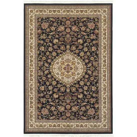 Ivory And Dark Blue Medallion Area Rug With Fringe Photo 2