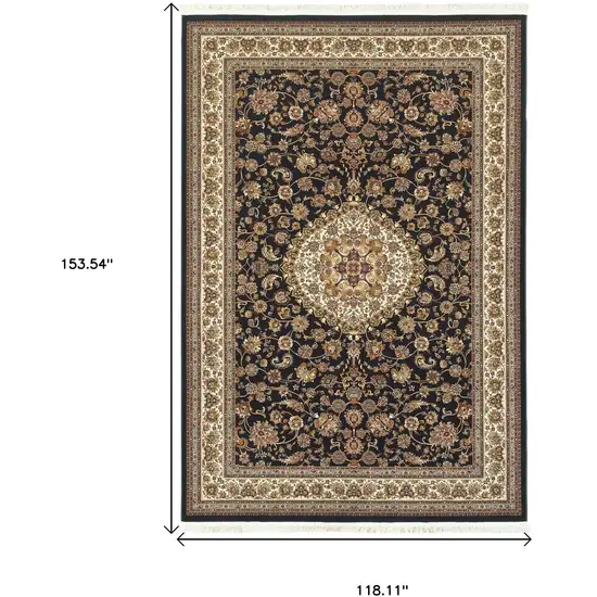 Ivory And Dark Blue Medallion Area Rug With Fringe Photo 7