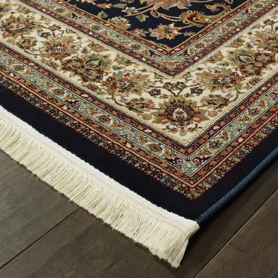 Ivory And Dark Blue Medallion Area Rug With Fringe Photo 5