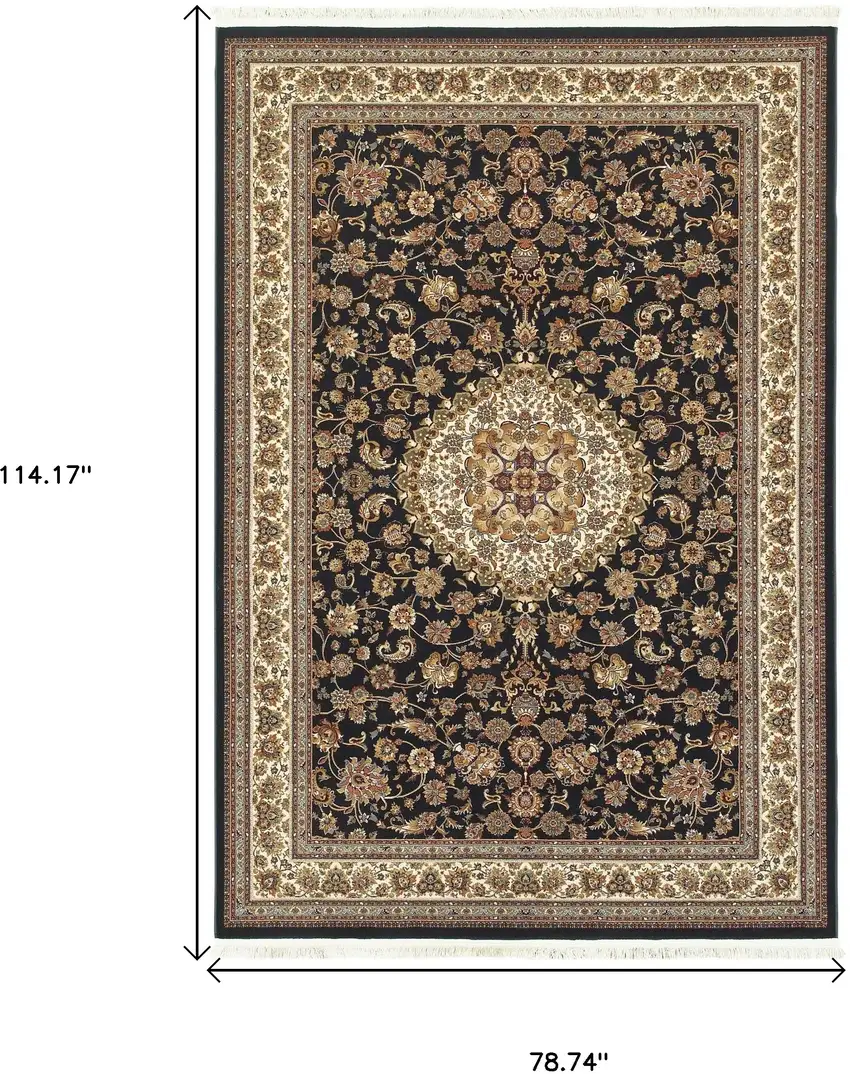 Ivory And Dark Blue Medallion Area Rug With Fringe Photo 7