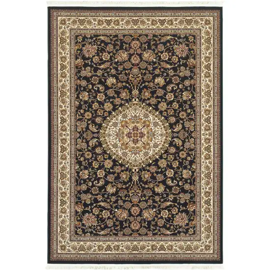 Ivory And Dark Blue Medallion Area Rug With Fringe Photo 4