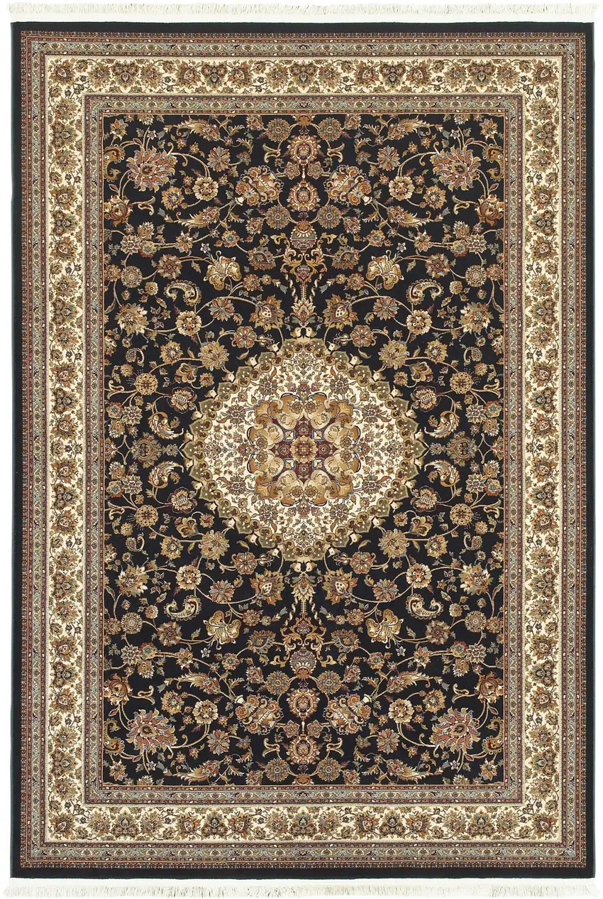 Ivory And Dark Blue Medallion Area Rug With Fringe Photo 4