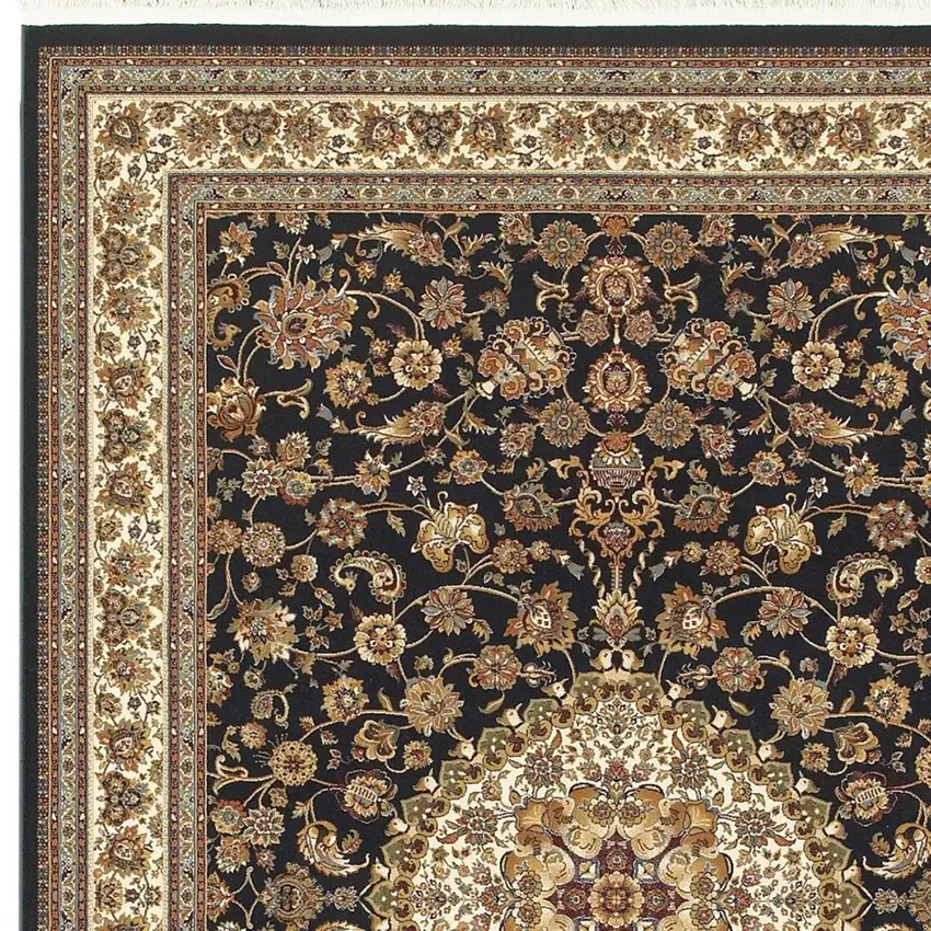 Ivory And Dark Blue Medallion Area Rug With Fringe Photo 3