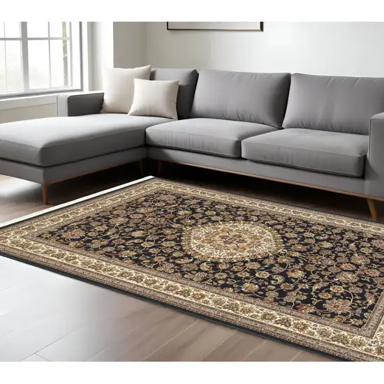 Ivory And Dark Blue Medallion Area Rug With Fringe Photo 1