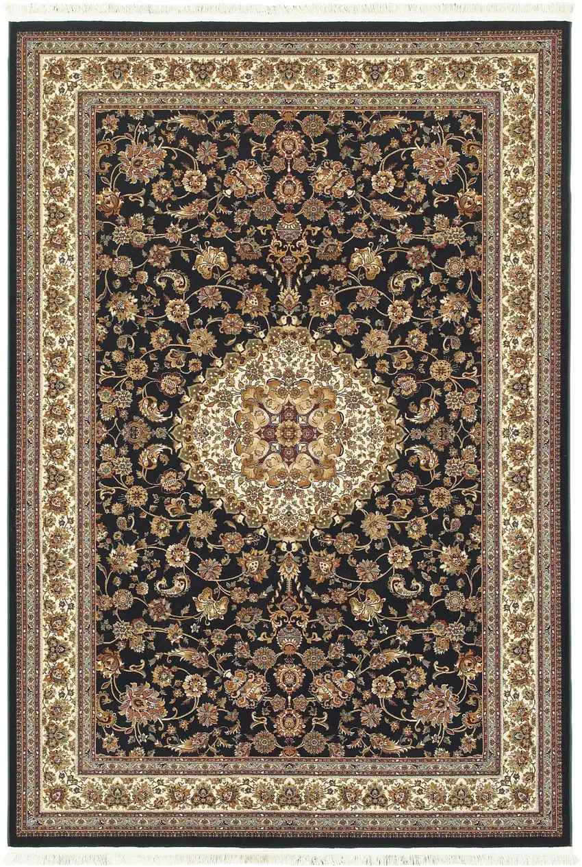 Ivory And Dark Blue Medallion Area Rug With Fringe Photo 2