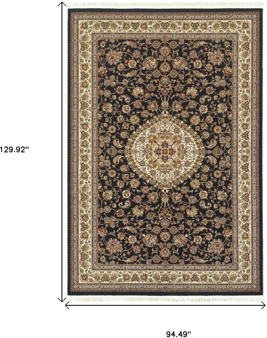 Ivory And Dark Blue Medallion Area Rug With Fringe Photo 7