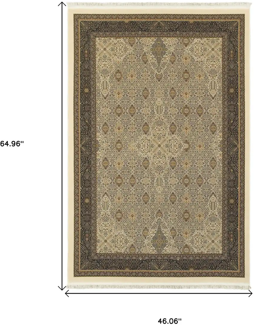 Ivory And Dark Blue Medallion Area Rug With Fringe Photo 3