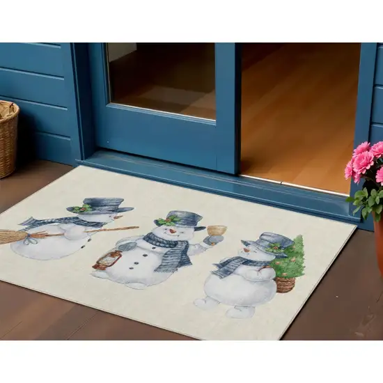 Ivory And Denim Blue Botanical Leaves Washable Indoor Outdoor Area Rug Photo 2