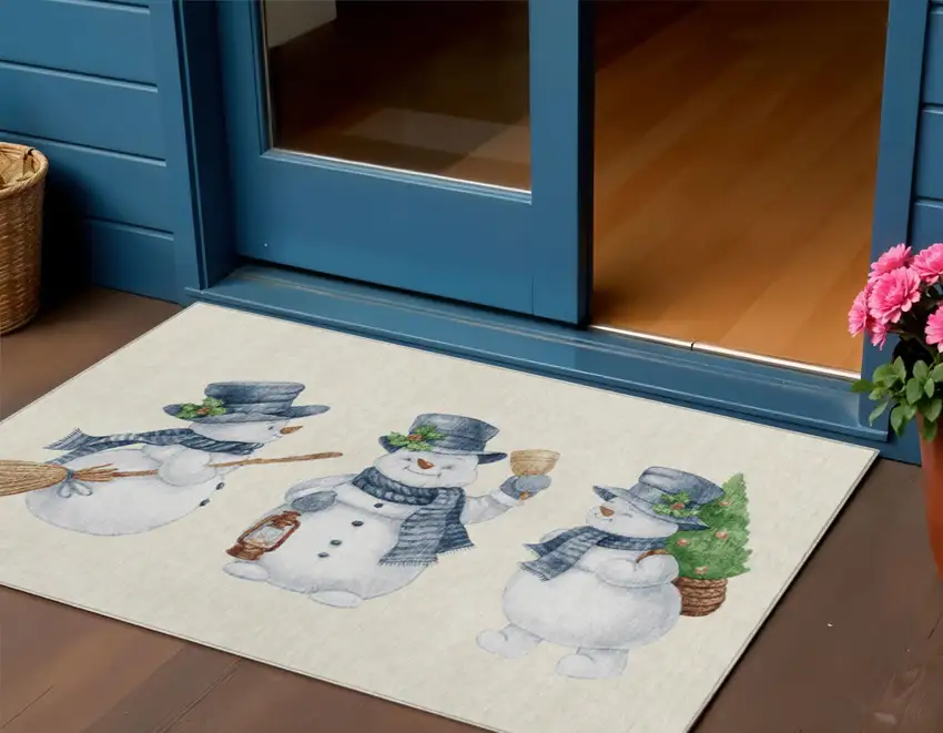 Ivory And Denim Blue Botanical Leaves Washable Indoor Outdoor Area Rug Photo 2