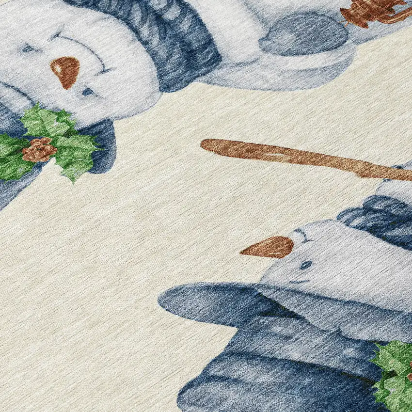 Ivory And Denim Blue Snowmen Washable Indoor Outdoor Area Rug Photo 8
