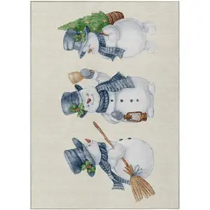 Photo of Ivory And Denim Blue Botanical Leaves Washable Indoor Outdoor Area Rug