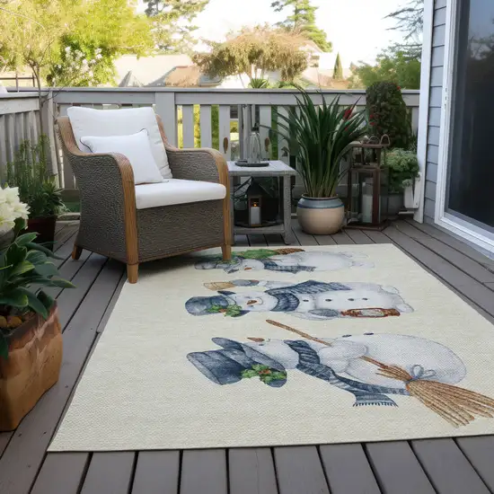 Ivory And Denim Blue Botanical Leaves Washable Indoor Outdoor Area Rug Photo 8